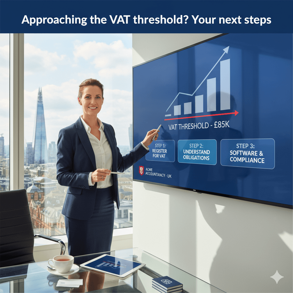 Accountant presenting VAT threshold steps on screen in a London office.